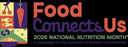 Black banner reading "Food Connects Us" in red and purple letters. A collage of various food types fills the left side.