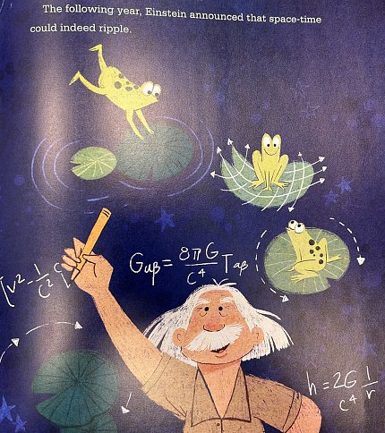 On a book page, artwork shows Einstein holding a pencil on a blue background with physics equations and frogs leaping on lily pads.