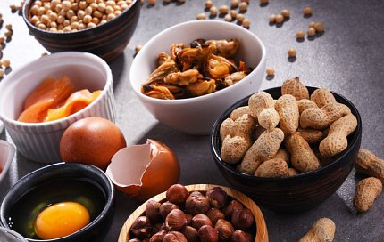 Bowls of nuts and eggs