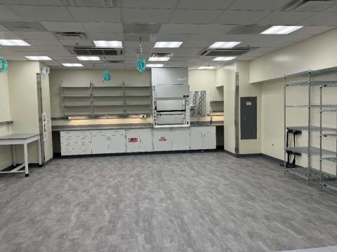 An empty laboratory with shelves, cabinets, drawers, on campus