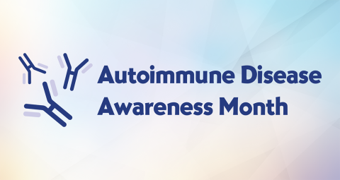 A light blue, lavender and tan banner with the logo "Autoimmune Disease Awareness Month" in dark purple font.
